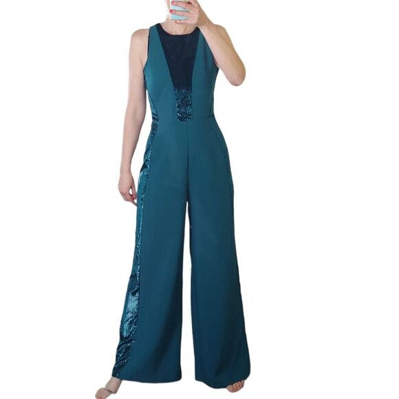 Adelyn Rae green wide leg jumpsuit velvet side stripes sleeveless size Small - Picture 3 of 11